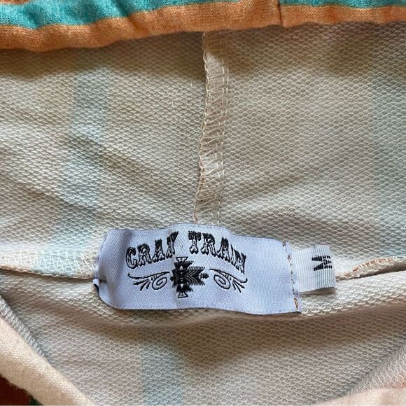 CRAZY TRAIN M Orange Teal Striped Hoodie Casual Western Boho Southwestern 70s - Picture 9 of 16